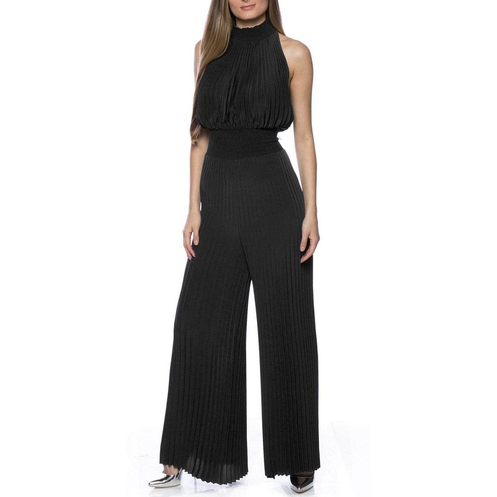 Marina Womens Black Pleated Mock Neck Smocked Waist Wide Leg Jumpsuit Size 14